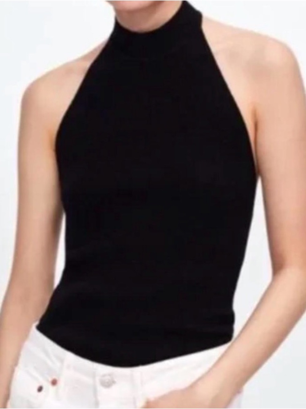 Zara Knitwear Collection Black Ribbed High Neck Halter Sleeveless Top M